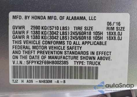 2017 Honda Ridgeline Rtl-T z USA, uszkodzony, nr VIN 5FPYK2F69HB002385